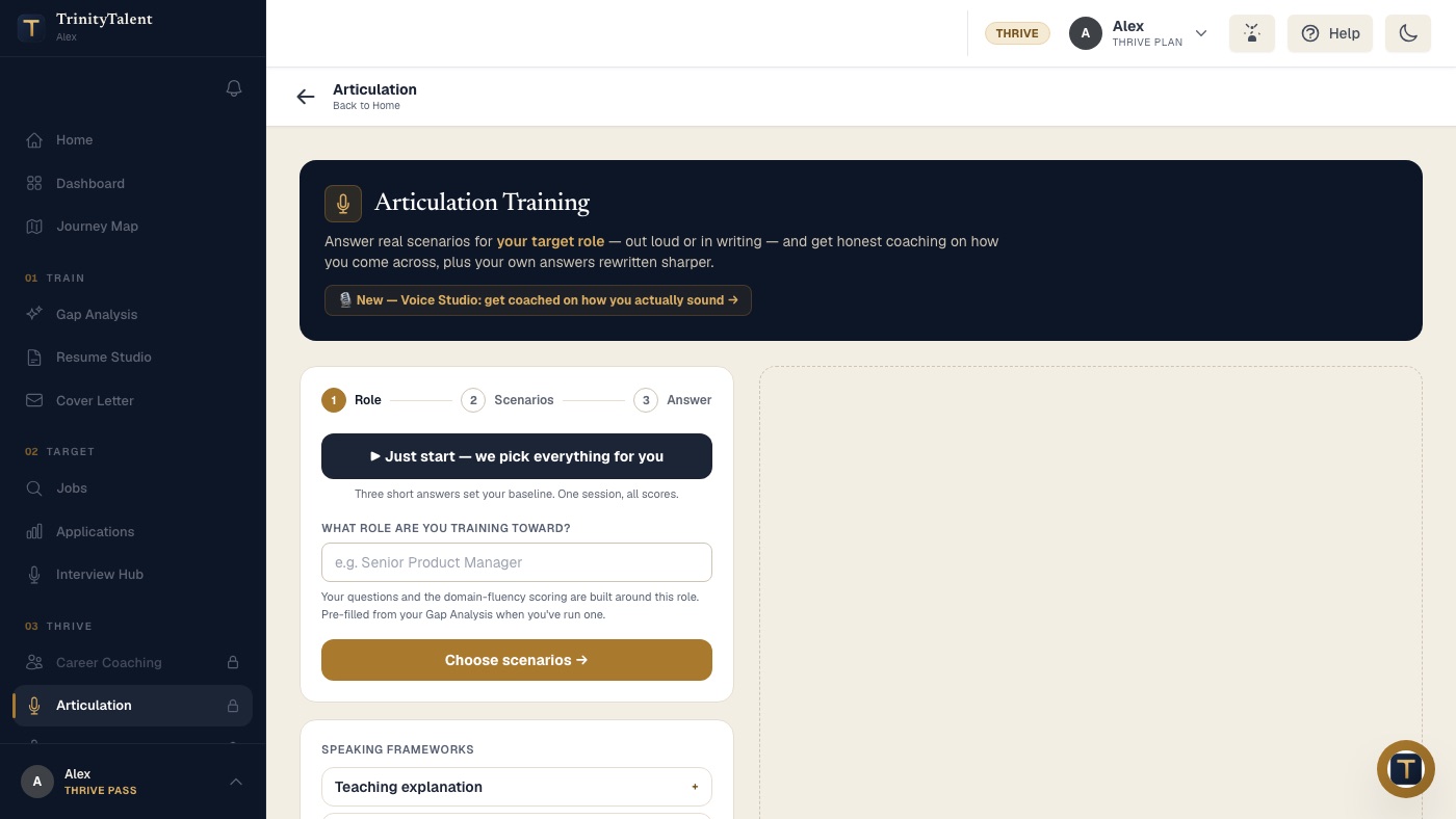 Articulation Training, where a spoken or typed answer to a real scenario is scored for structure, clarity, conciseness and confidence, with a rewritten version and a practice plan