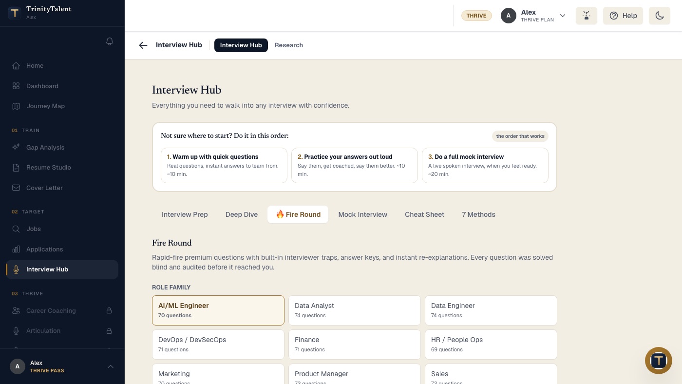 The Interview Hub, whose recommended order starts with a warm-up of quick questions with instant answers to learn from