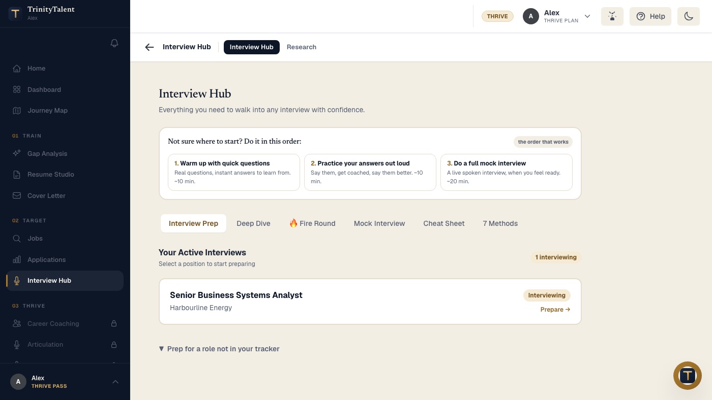 The Interview Hub, showing the recommended order of quick questions, spoken practice and a full mock interview for each active interview