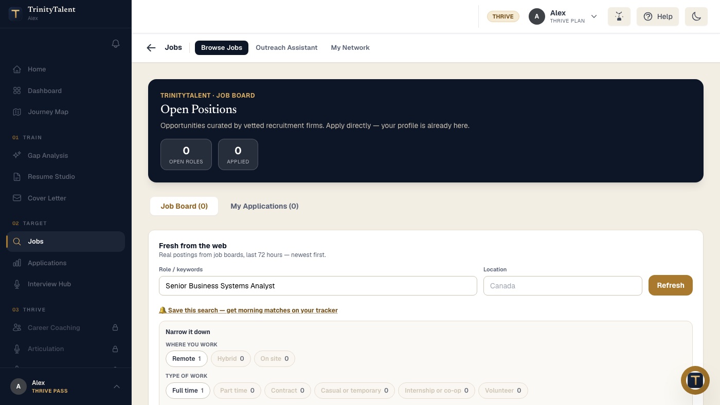 The Jobs area with Browse Jobs, Outreach Assistant and My Network, where real postings are the starting point for outreach