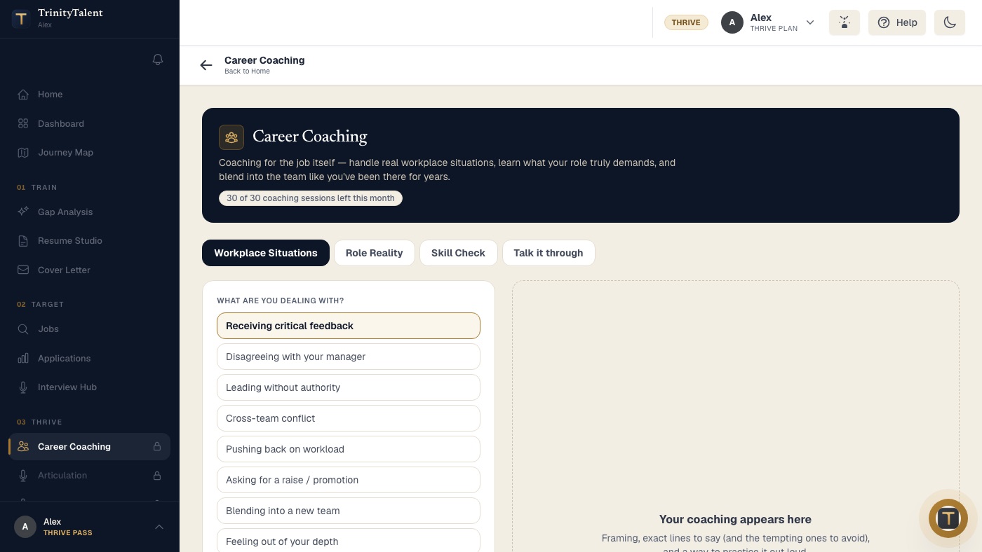 Career Coaching, with the Workplace Situations, Role Reality and Skill Check tabs and a list of common situations to choose from