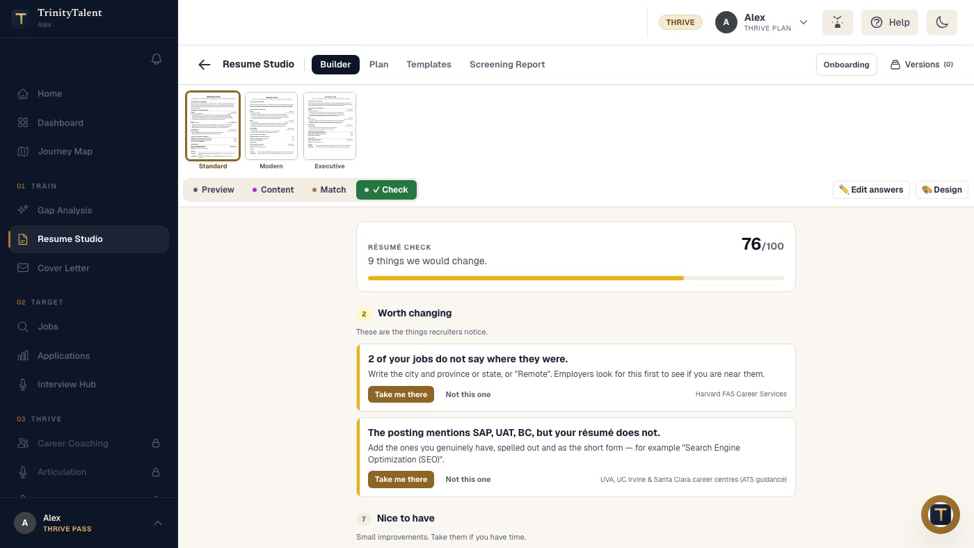The Check tab in Resume Studio listing findings with a one-click fix and the career-centre source behind each one