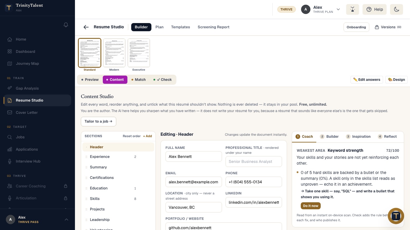 The Content tab in Resume Studio, where the skills section is edited in place beside the experience bullets that should back it up