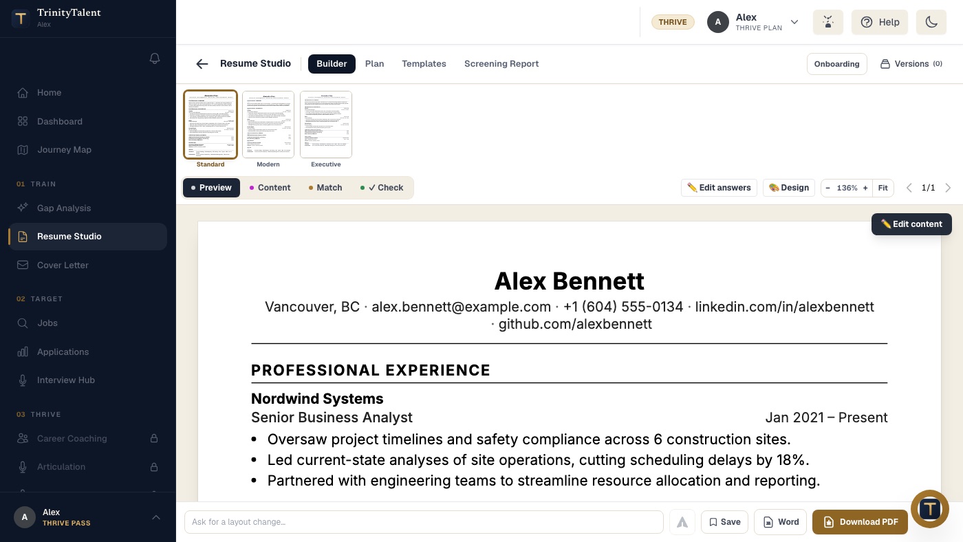Resume Studio Preview: the single-column resume as it will export, with the Design button and the Word and Download PDF buttons in the toolbar