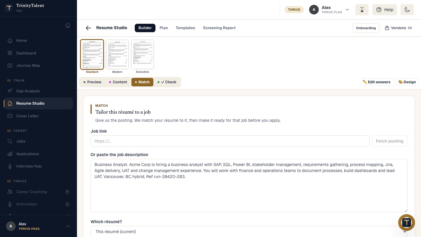 The Match tab in Resume Studio, where a posting link or pasted description is read and compared against the resume before tailoring
