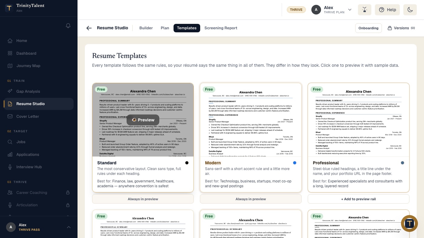 The Templates tab in Resume Studio, showing free single-column templates that follow the same rules and differ only in how they look