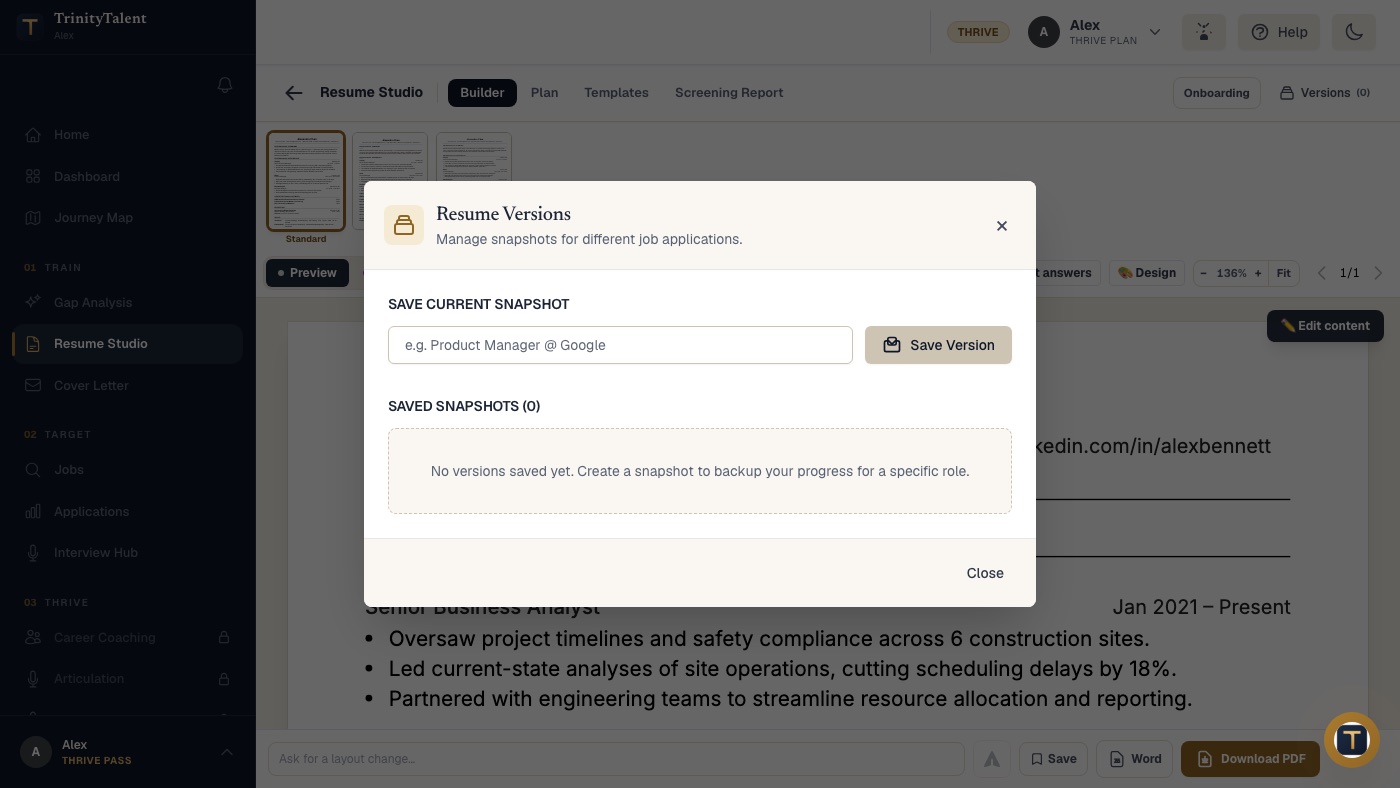 The Resume Versions panel in Resume Studio, where the current resume is saved as a named snapshot and earlier snapshots are listed
