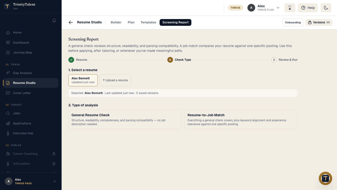 The Screening Report in Resume Studio, which simulates a recruiter's first read of structure, parsing and keyword alignment before you apply
