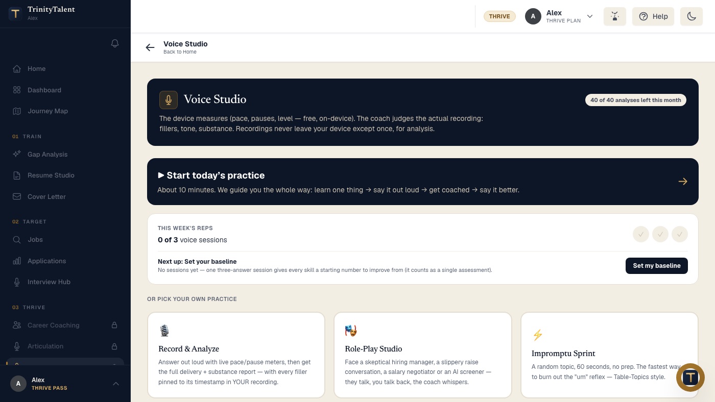 Voice Studio, showing a recorded answer analysed for pace, pauses and filler words, with a transcript that marks each filler where it happened